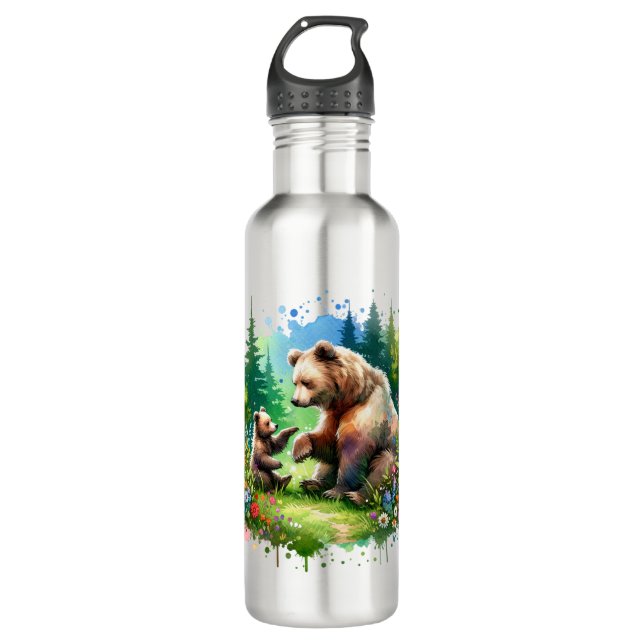 Cute Watercolor Bear and Cub 710 Ml Water Bottle (Front)