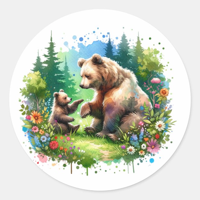 Cute Watercolor Bear and Cub Classic Round Sticker (Front)