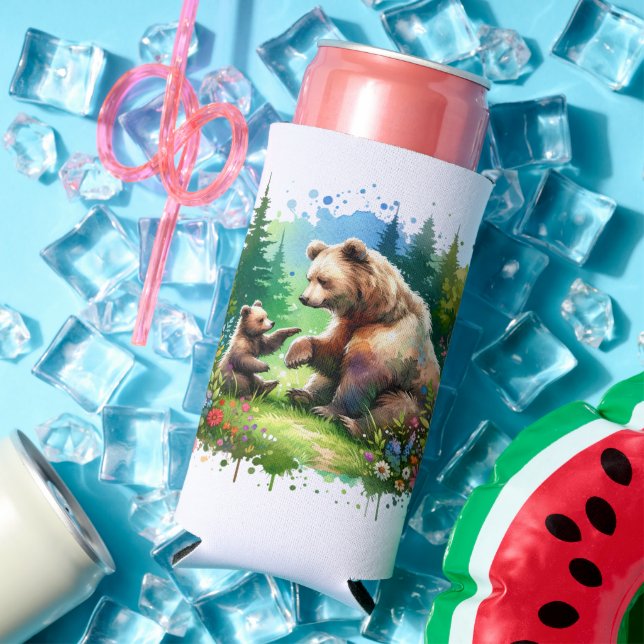 Cute Watercolor Bear and Cub Personalised Seltzer Can Cooler (In Situ Summer)