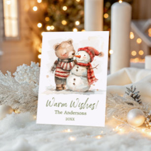 Cute Watercolor Bear and Snowman   Warm Wishes Holiday Card