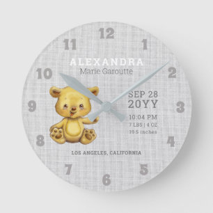 Cute Watercolor Bear Baby Birth Stats Nursery Round Clock
