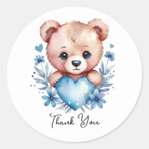 Cute Watercolor Bear, Blue Heart Thank You Classic Round Sticker