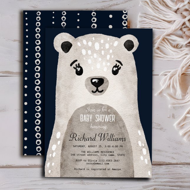 Cute watercolor bear boy baby shower invitation (Cute bear baby shower minimalistic navy blue invitation )