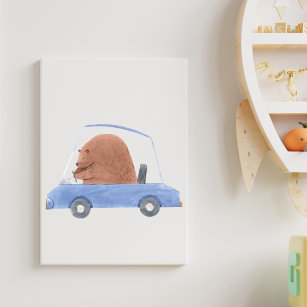 Cute Watercolor Bear in Blue Car Nursery Kids Faux Canvas Print
