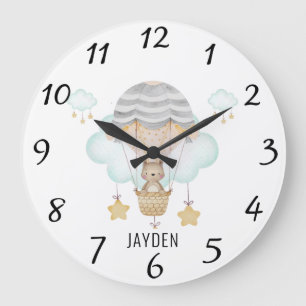 Cute Watercolor Bear In Hot Air Balloon Nursery Large Clock