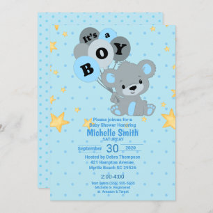 Cute Watercolor Bear Its a Boy Balloons Invitation