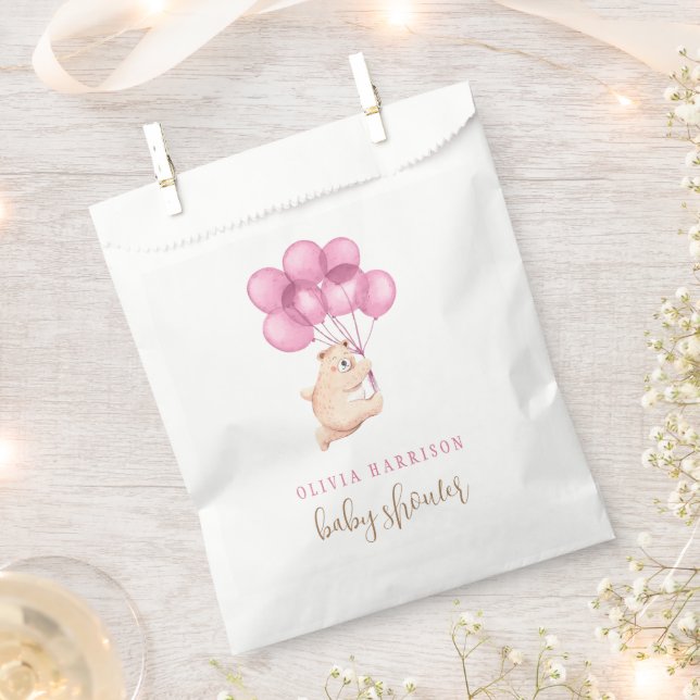 Cute Watercolor Bear Pink Balloon Baby Shower  Favour Bag (Clipped)
