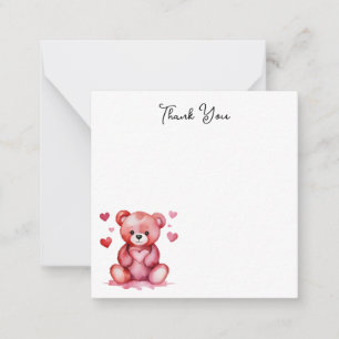 Cute Watercolor Bear, pink Heart Thank You Card