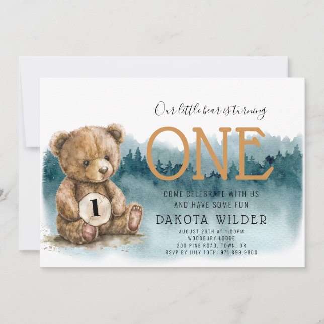 Cute Watercolor Bear Turning One Forest Birthday Invitation (Front)