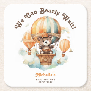 Cute Watercolor Bear with Balloons Baby Shower Square Paper Coaster
