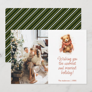 Cute Watercolor Bear with Scarf Christmas Photo Holiday Card