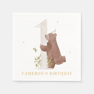 Cute Watercolor Bear Woodland First Birthday Party Napkin