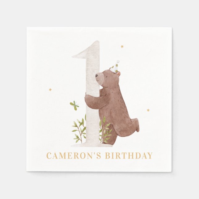 Cute Watercolor Bear Woodland First Birthday Party Napkin (Front)