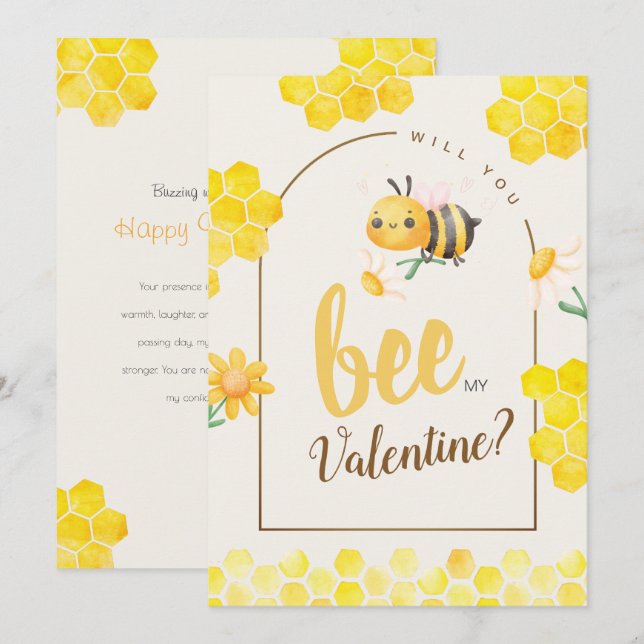 Cute Watercolor Bee & Honeycomb Valentine's Day Holiday Card (Front/Back)