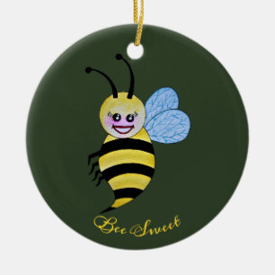 Cute Watercolor Bee With Happy Smile Ceramic Ornament