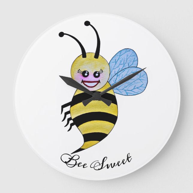 Cute Watercolor Bee With Happy Smile Large Clock (Front)