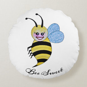 Cute Watercolor Bee With Happy Smile Round Cushion