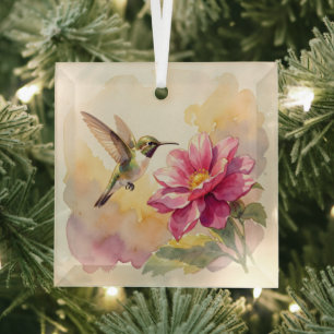 Cute watercolor bird and flower glass tree decoration