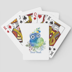 Cute Watercolor Bird Blue Green Design Custom Name Playing Cards
