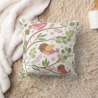 Cute Watercolor Birds and Pink Florals Cushion