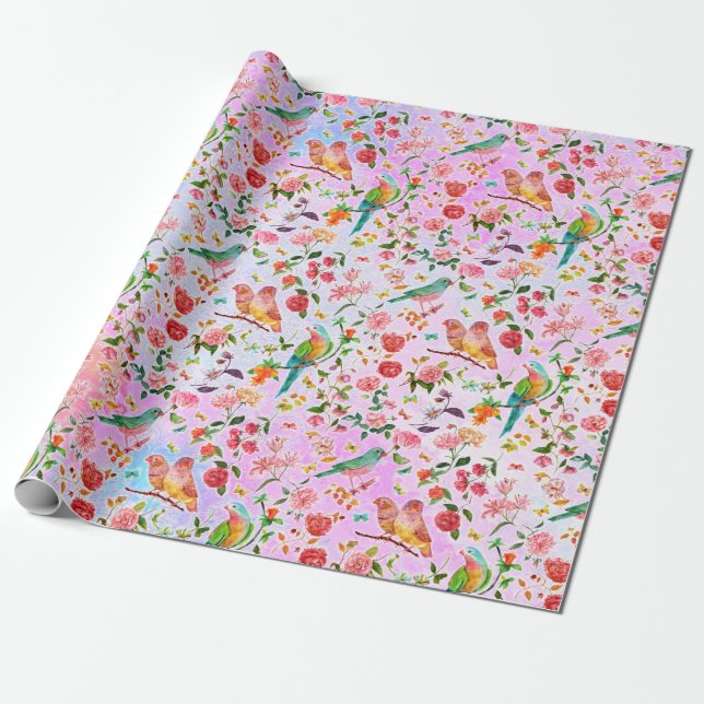 Cute Watercolor Birds Wrapping Paper (Unrolled)