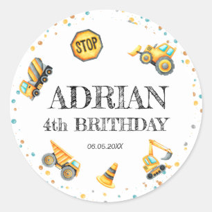 Cute Watercolor birthday Construction vehicles Classic Round Sticker