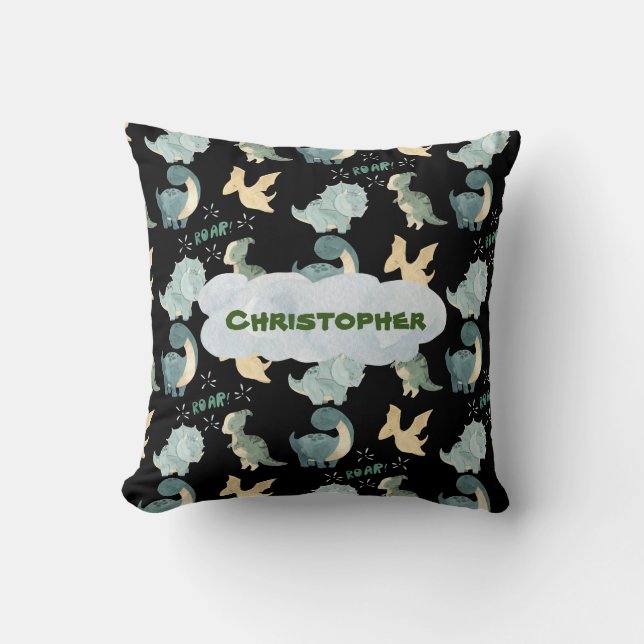 Cute Watercolor Black Dinosaur Pattern Cushion (Front)
