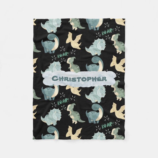 Cute Watercolor Black Dinosaur Pattern Fleece Blanket (Front)