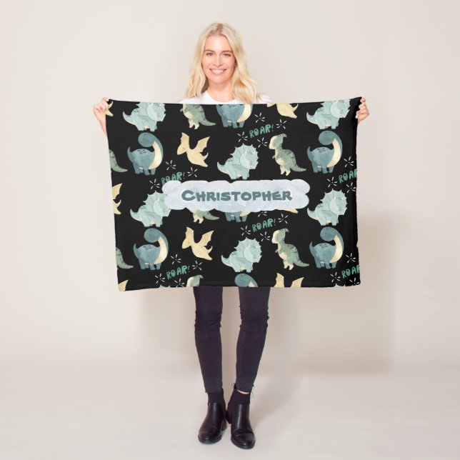Cute Watercolor Black Dinosaur Pattern Fleece Blanket (In Situ)