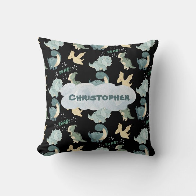 Cute Watercolor Black Dinosaur Pattern Teal Name Cushion (Front)