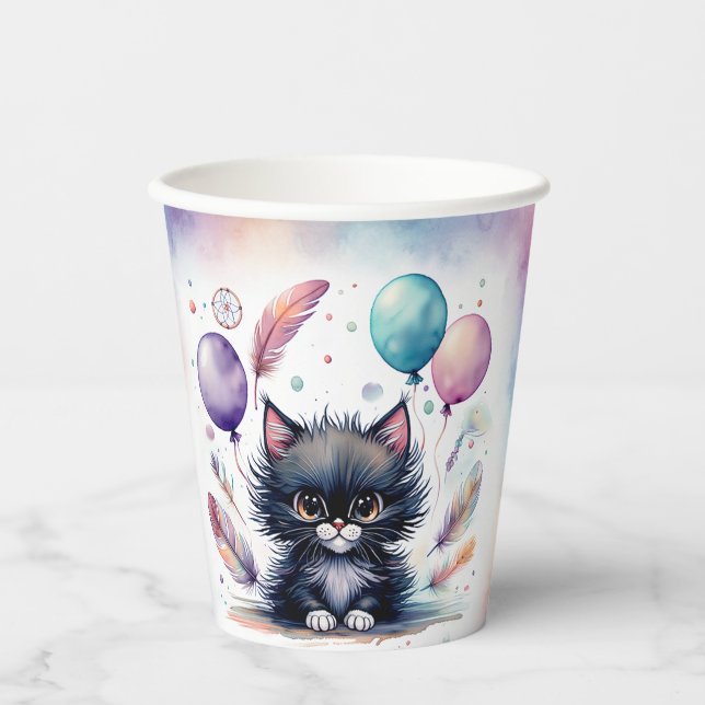 Cute Watercolor Black Kitten Balloons Birthday  Paper Cups (Front)