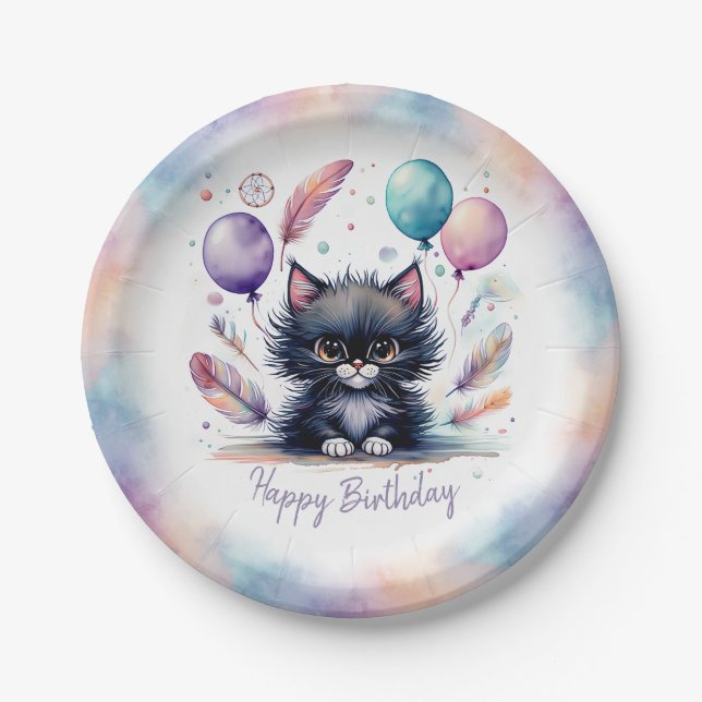 Cute Watercolor Black Kitten Balloons Birthday  Paper Plate (Front)