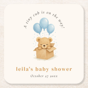 Cute Watercolor Blue Balloon Bear Boy Baby Shower  Square Paper Coaster