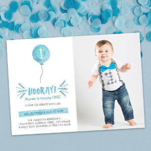 Cute Watercolor Blue Balloon Photo Birthday Party  Invitation