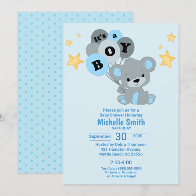 Cute Watercolor Blue Bear Its a Boy Balloons   Invitation (Front/Back)