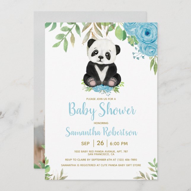 Cute Watercolor Blue Boy Bear Baby Shower Photo Invitation (Front/Back)