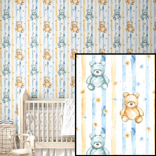 Cute Watercolor Blue Brown Teddy Bears on Striped  Wallpaper