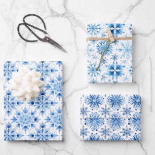 Cute Watercolor Blue Christmas Snowflakes Wrapping Paper Sheet