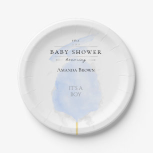 Cute Watercolor Blue Cotton Candy Baby Shower Paper Plate