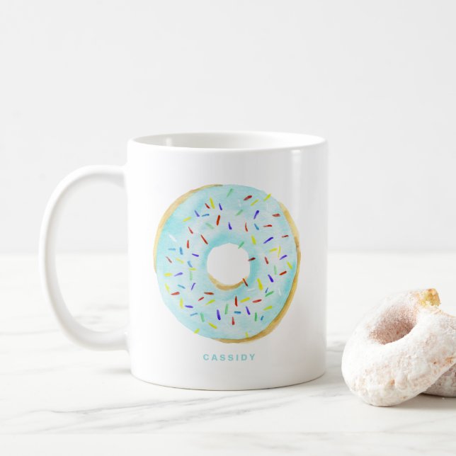Cute Watercolor Blue Doughnut Sprinkles Personalis Coffee Mug (With Donut)