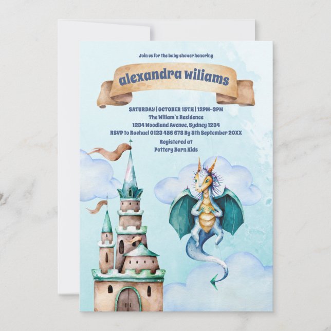 Cute Watercolor Blue Dragon Baby Shower Invitation (Front)