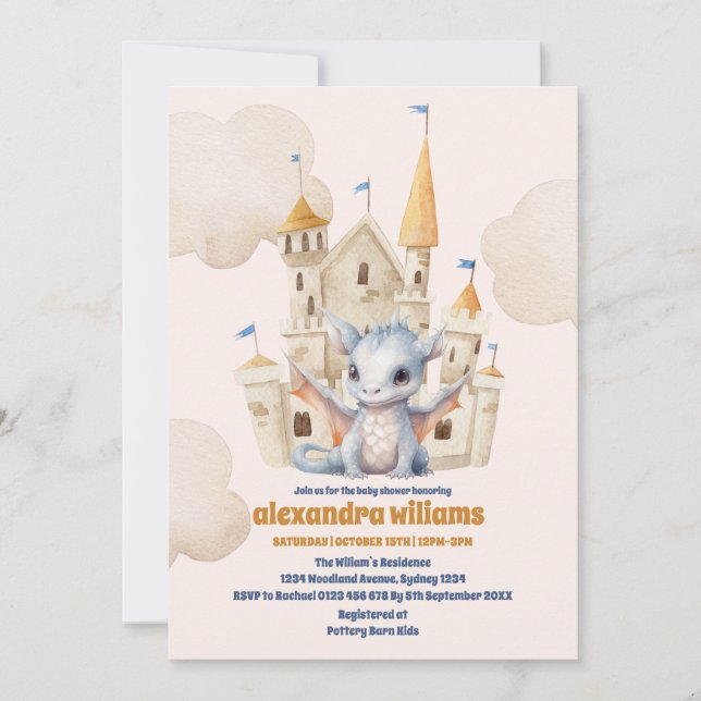 Cute Watercolor Blue Dragon Baby Shower Invitation (Front)
