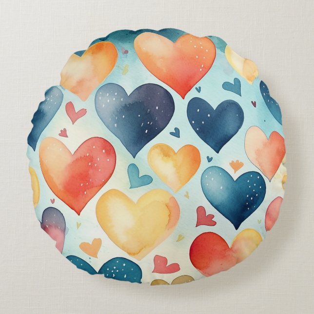 cute watercolor blue hearts pattern round cushion (Front)