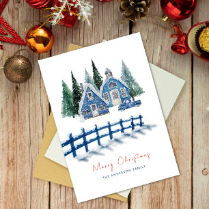 Cute Watercolor Blue House Trees Car Christmas Holiday Card