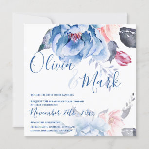 Cute Watercolor  Blue Peach Floral Script Wedding Invitation