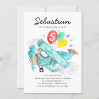 Cute Watercolor Blue Plane Balloons Kids Birthday