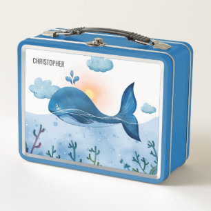 Cute Watercolor Blue Whale and Ocean Waves Metal Lunch Box