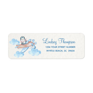 Cute Watercolor Blue White Pilot Penguin Return Address Label