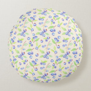 Cute Watercolor Blueberry Botanical Pattern Round Cushion