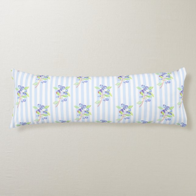 Cute Watercolor Blueberry Botanical Strips Pattern Body Cushion (Front)
